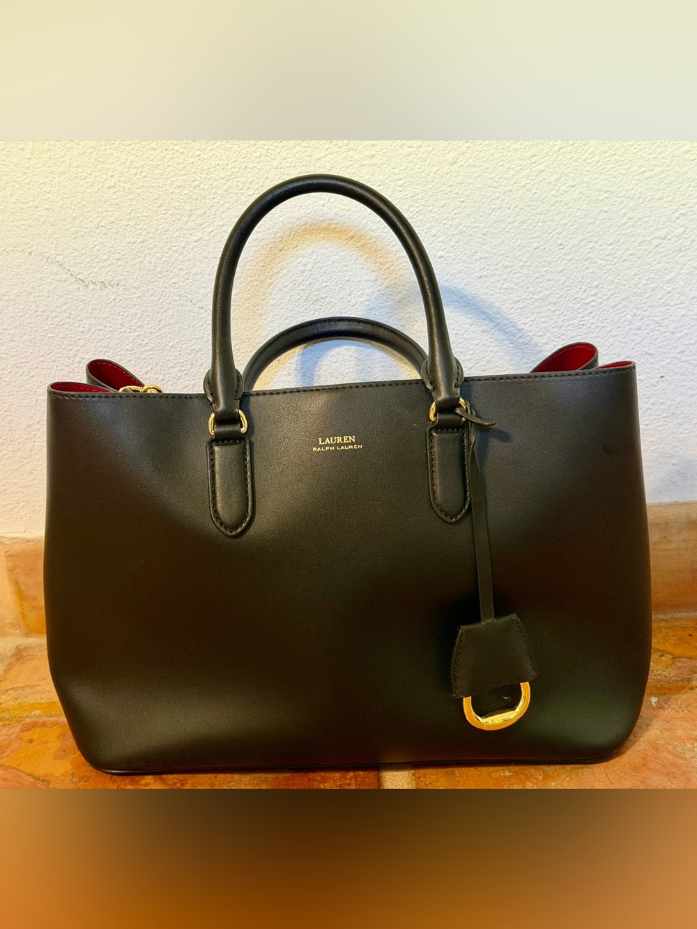 Lauren Ralph Lauren Dryden Marcy Leather Tote Bag Black/Red Gold HW